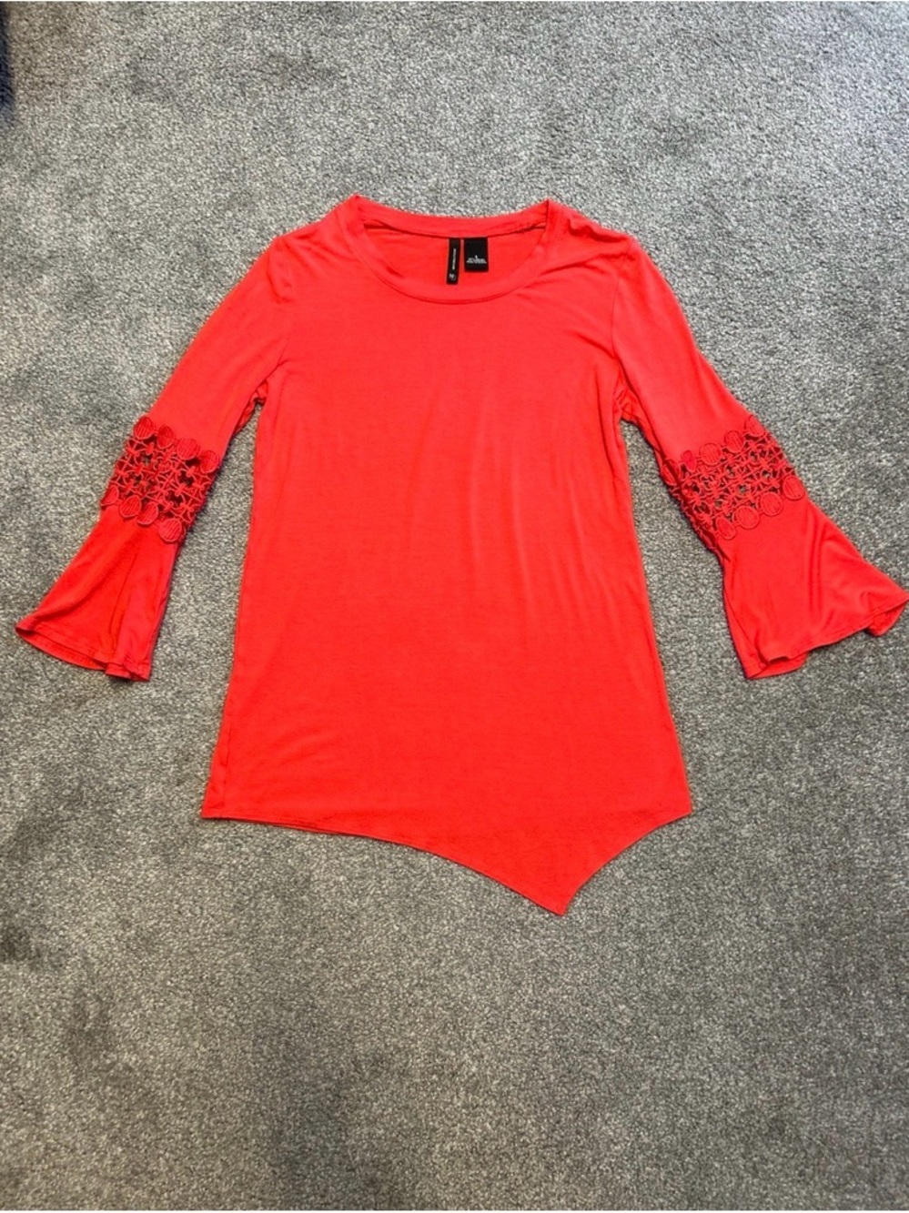 new directions Coral Red Bell Sleeve Top with Lace Inserts